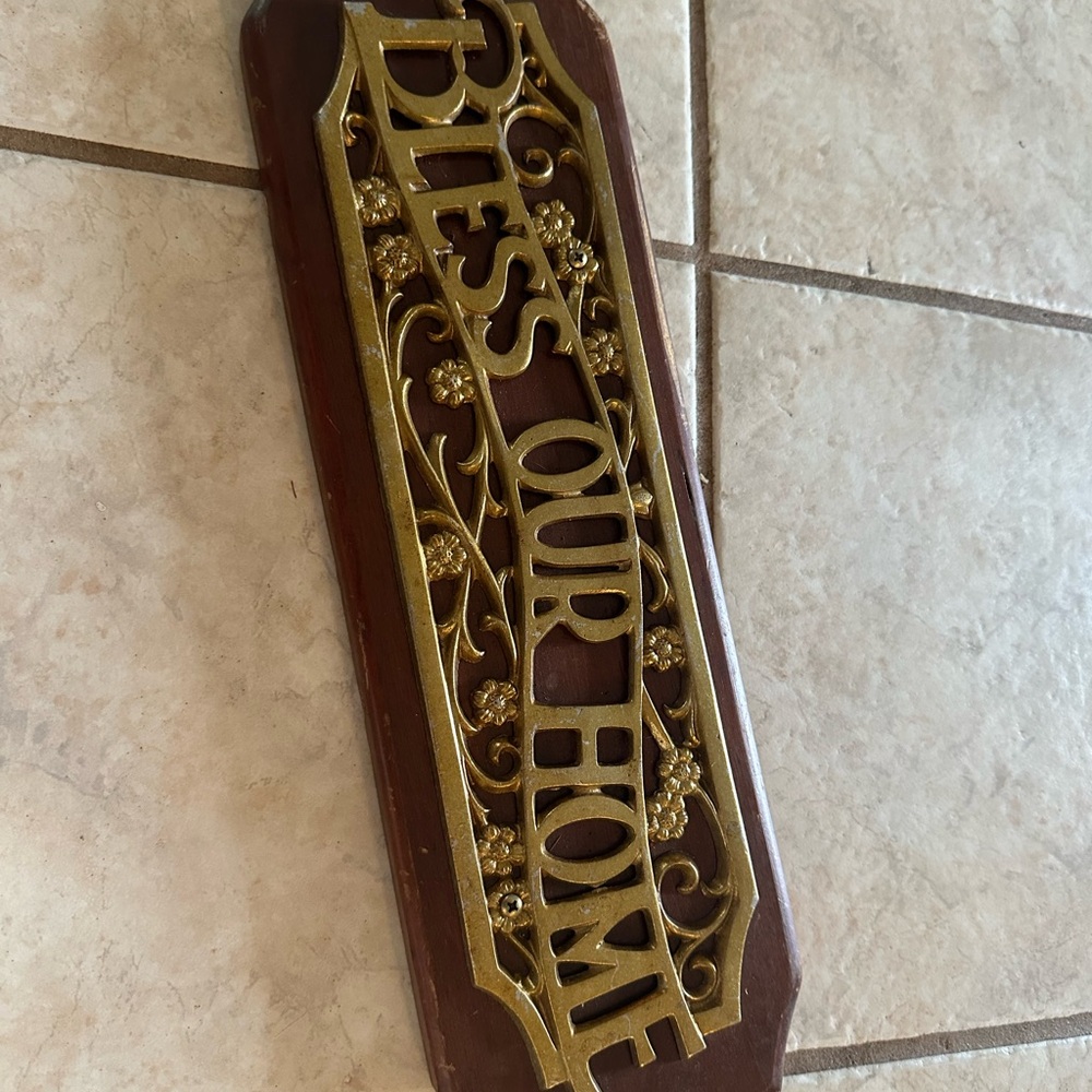 Vintage Brass 'Bless Our Home' Wall Plaque on Wood